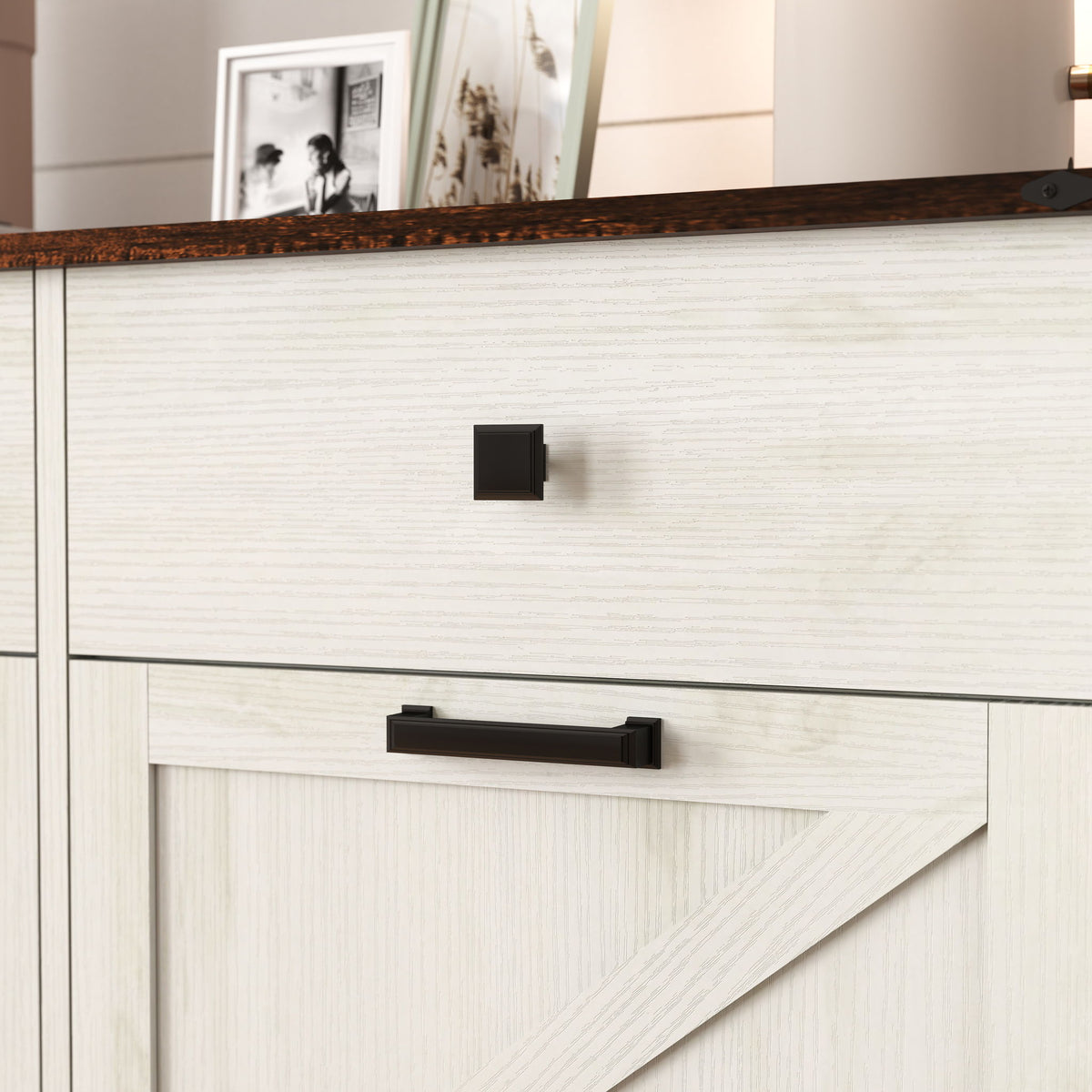 Double Tilt Out Trash Cabinet with Hideaway Drawer - Barn Door Style