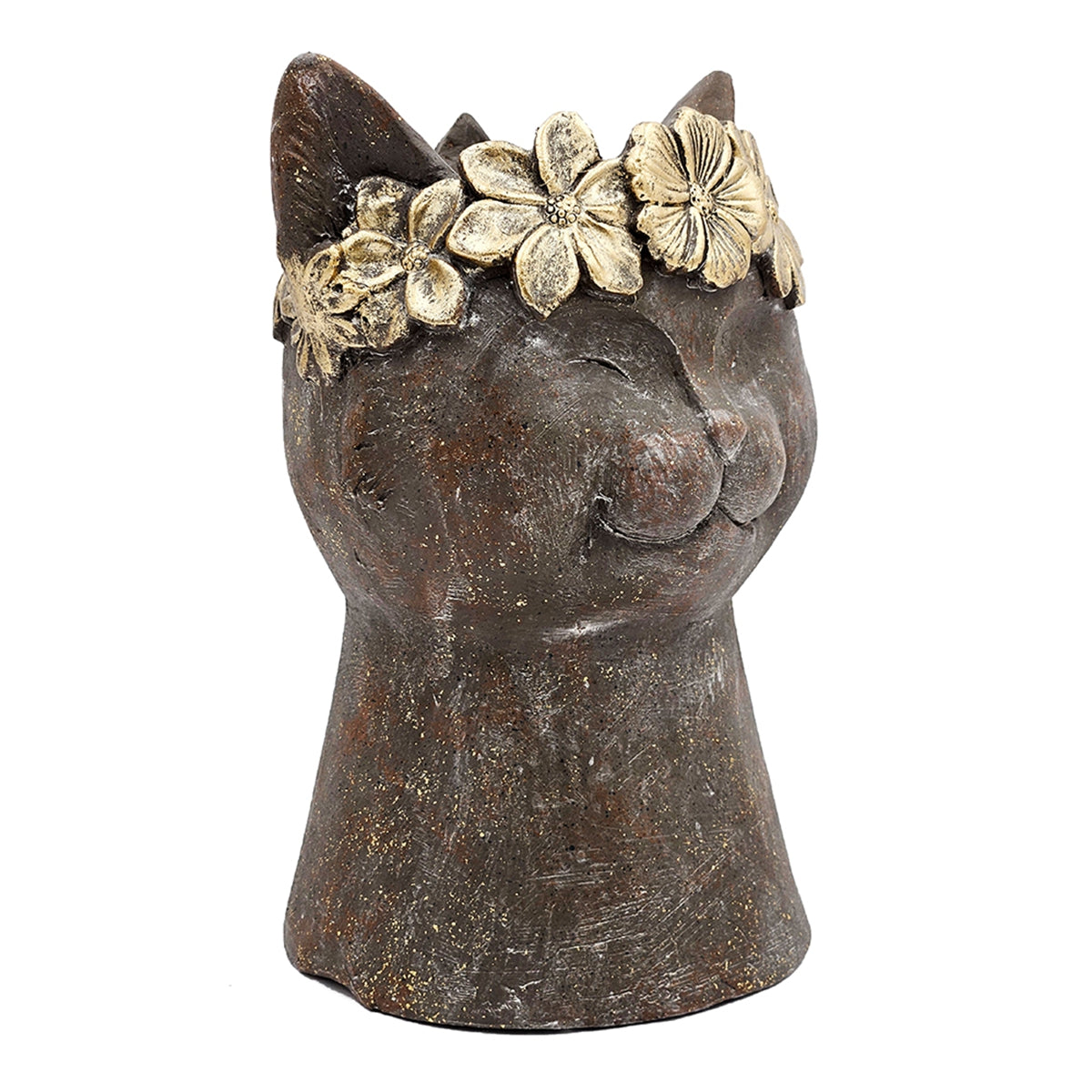 Magnesium Cat Statue Planter with Textured Finish - Brown & Gold