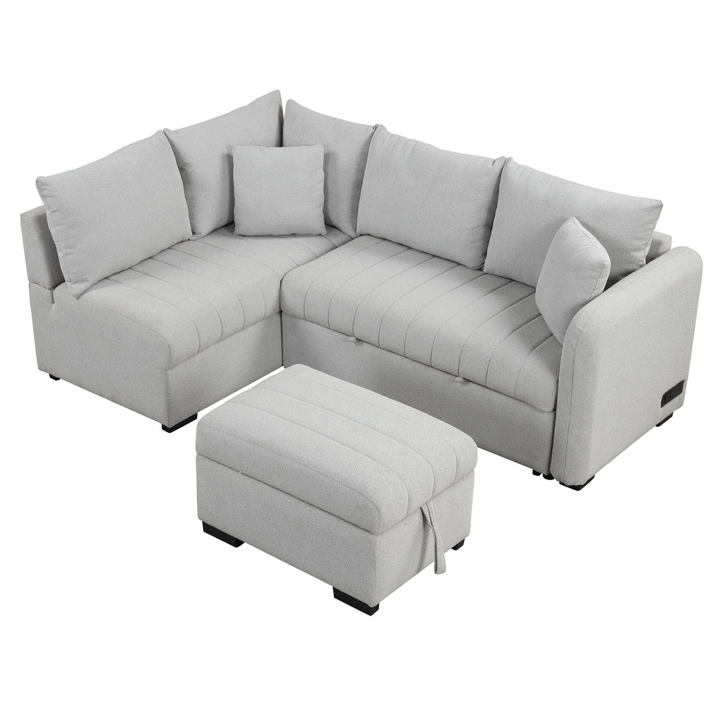L-Shaped Sleeper Sectional with Pull-Out Bed and Storage Ottoman - Gray or Beige