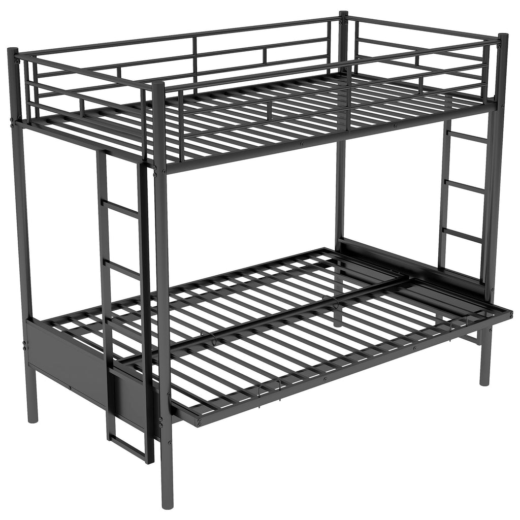 Twin Over Full Bunk Bed with Convertible Futon Sofa - Black