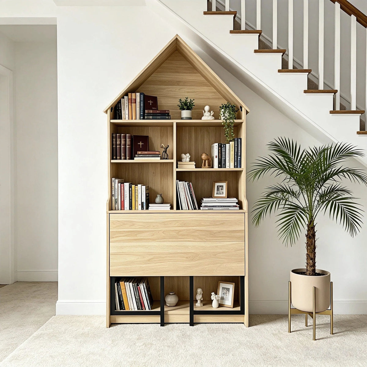 Folding Craft Desk with Storage Shelves - Natural Wood