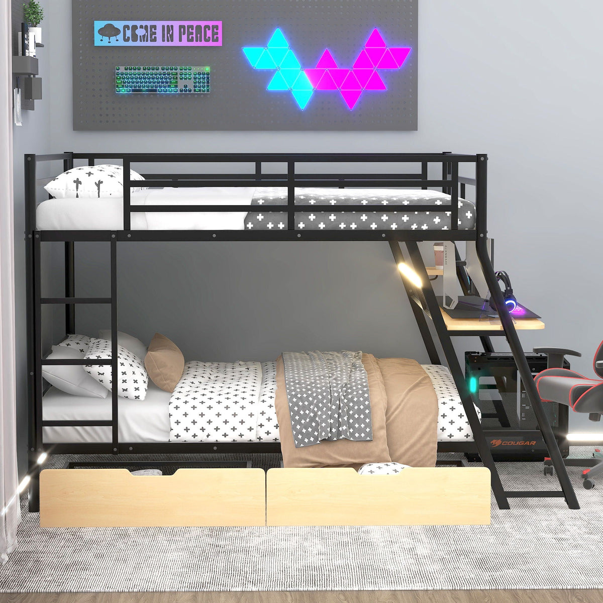 Full Size Bunk Bed with Built-In Desk, Light & 2 Drawers - Black