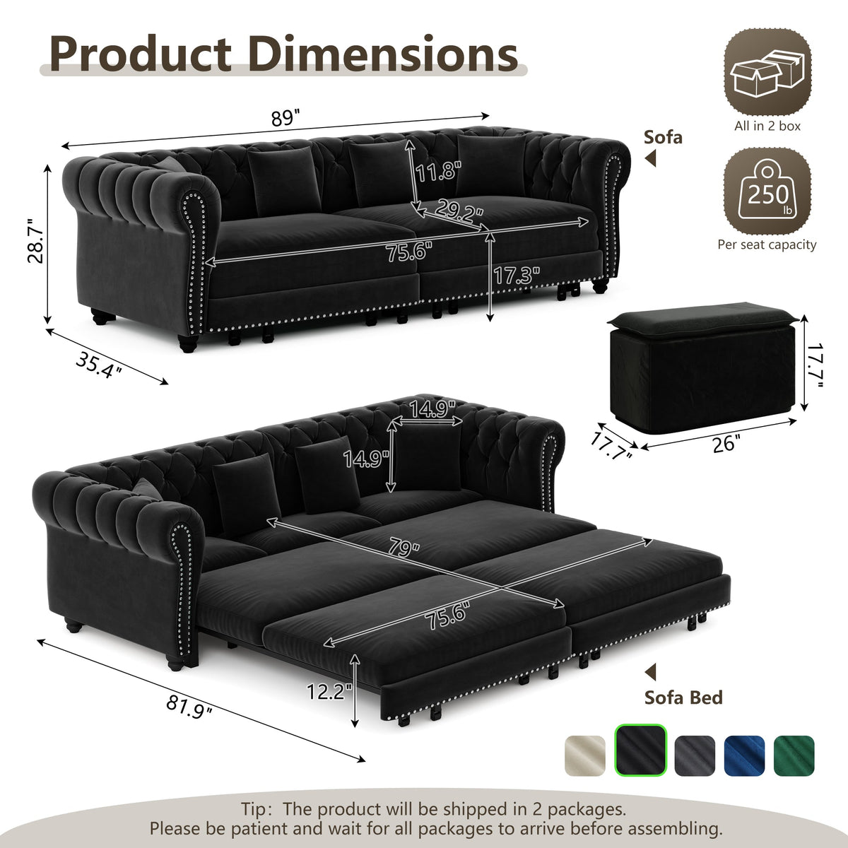 Chesterfield 3-in-1 Convertible Velvet Sofa Bed with Tufted Finish