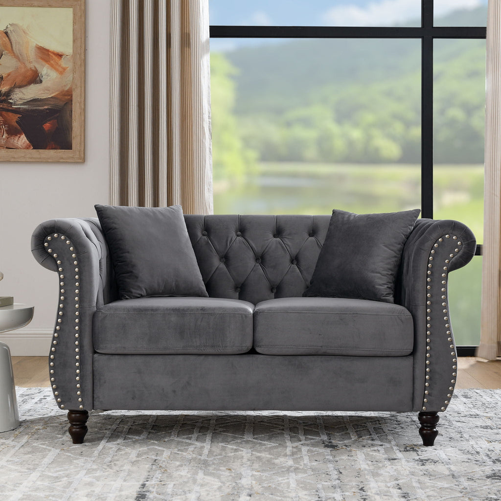 Chesterfield Sofa with Rolled Arms and Nailhead Trim – Solid Wood Frame