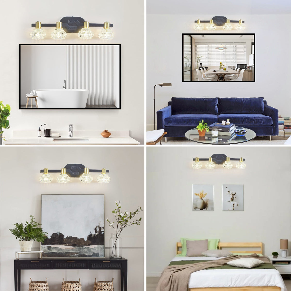 Vintage 4-Light Wall Sconce with Clear Crystal Shades - Matte Black
