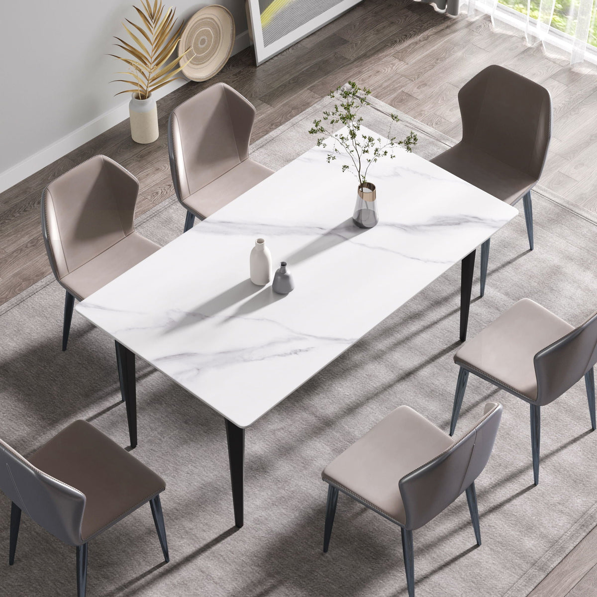 Modern Artificial Stone Dining Table with Black Metal Legs - White