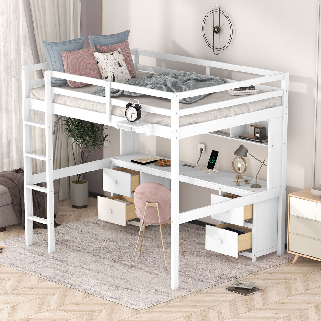 Loft Bed with Desk, Cabinets, Drawers and Charging Station - Full Size
