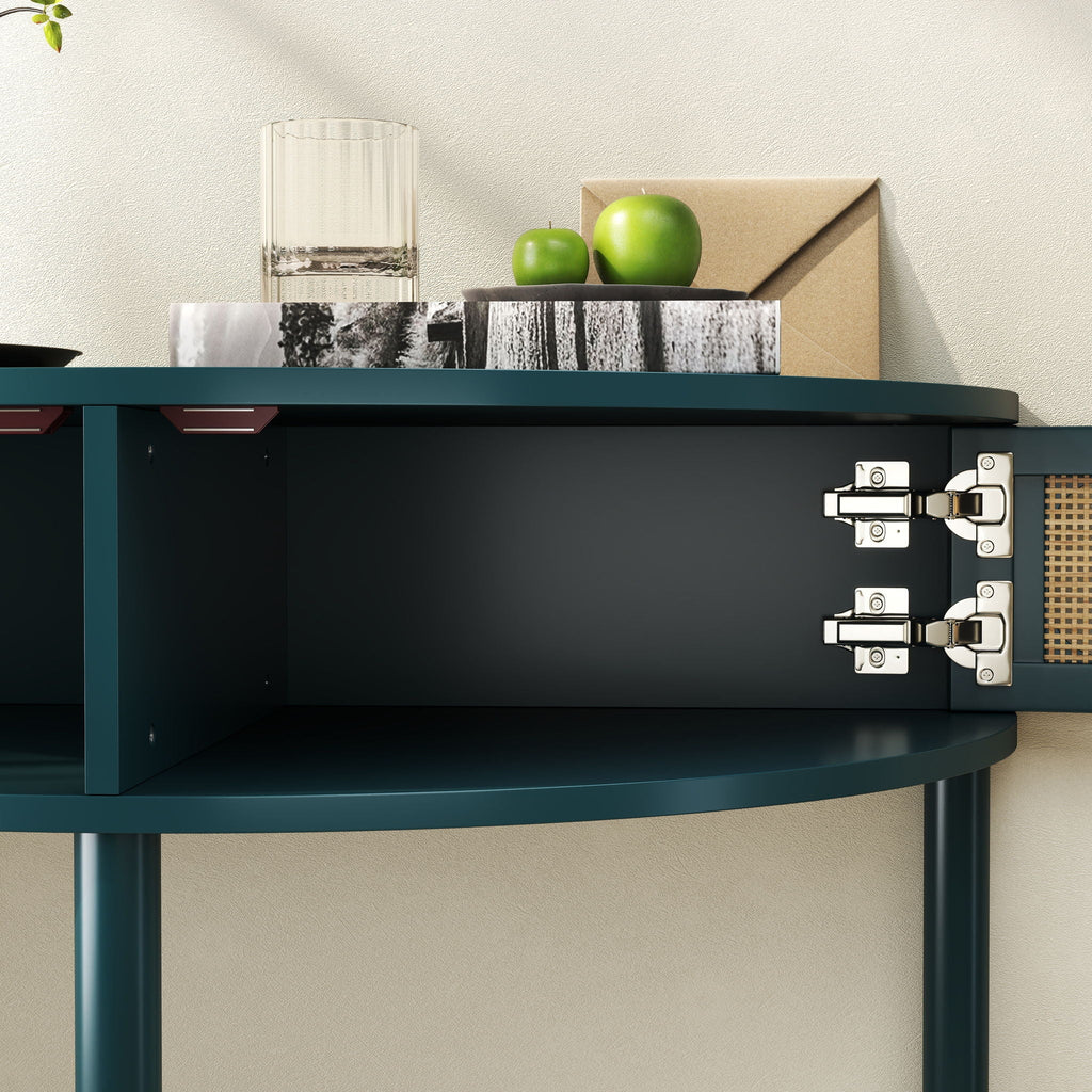 Boho Rattan Semi Circle End Table with Sliding Door and Storage - Black or Dark Green