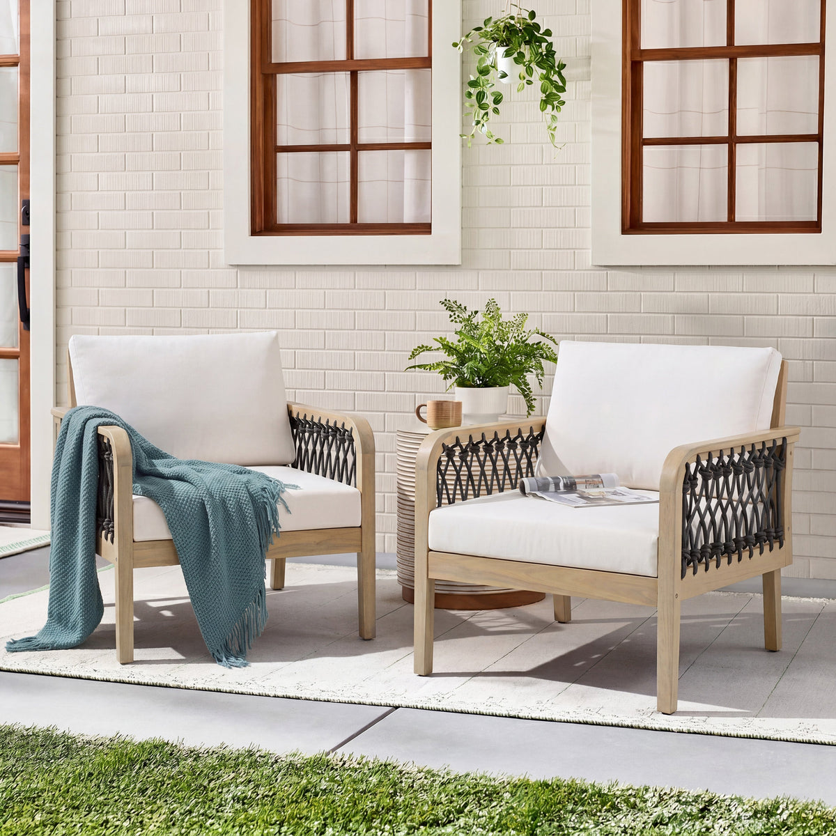 Outdoor Acacia Wood Club Chair with Handwoven Rope Armrests - Cream