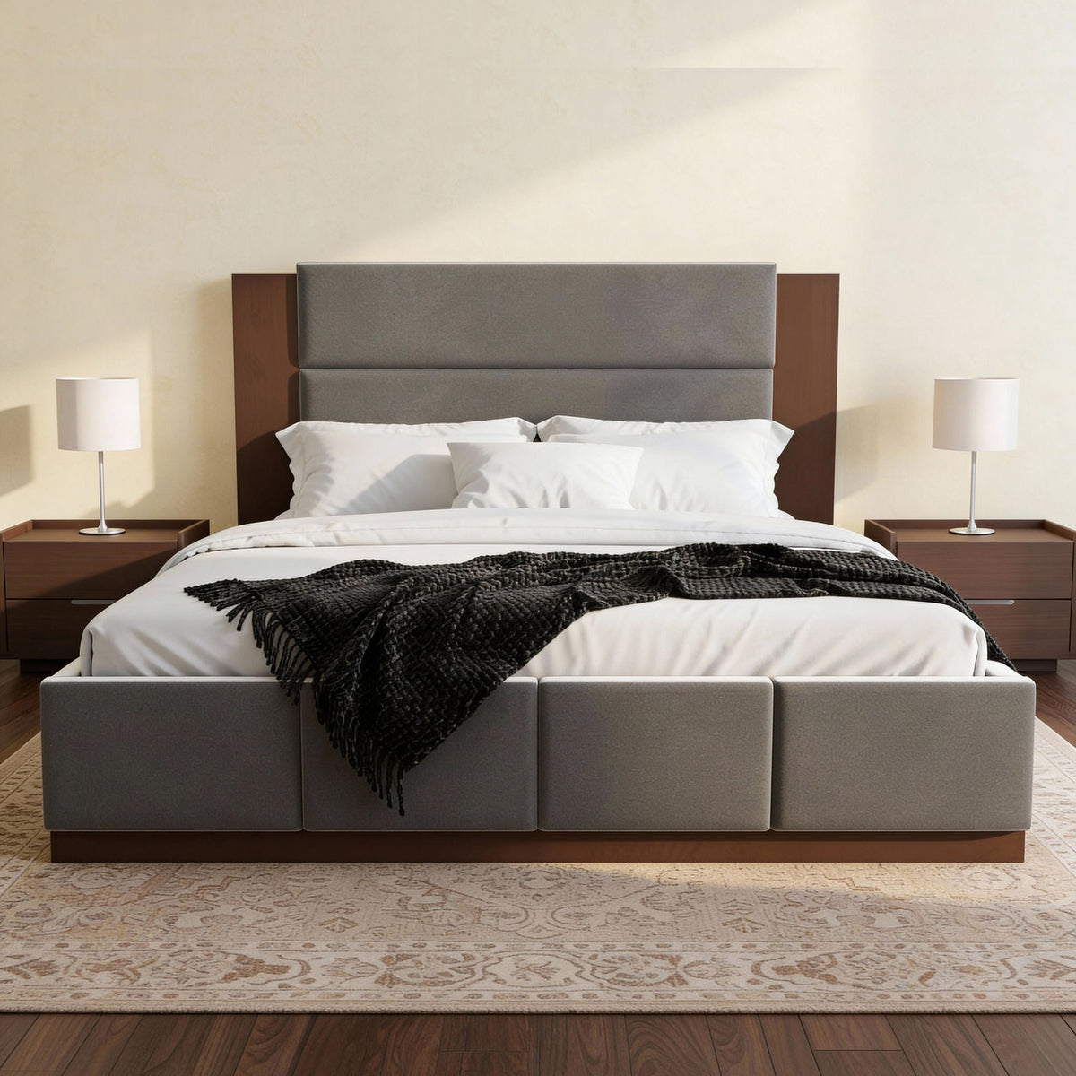 Modern Upholstered Platform Bed with Extended Headboard - Queen or King
