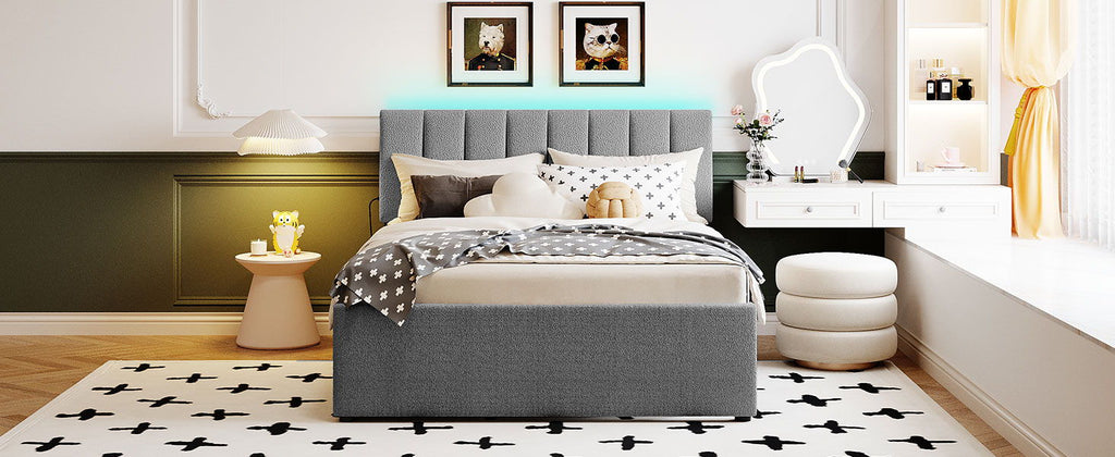 Upholstered Platform Bed With Trundle and LED Lights - Full or Queen