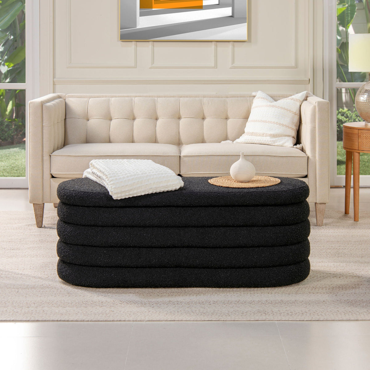 Upholstered Oval Storage Bench with Hidden Storage - Black, White or Dark Green