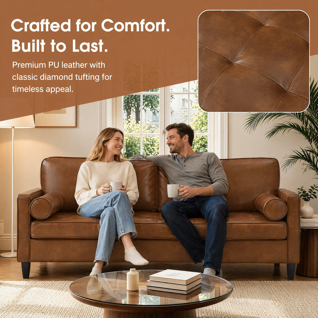 Classic Design Leather Couch with Tufted Seat Cushion - Faux Leather