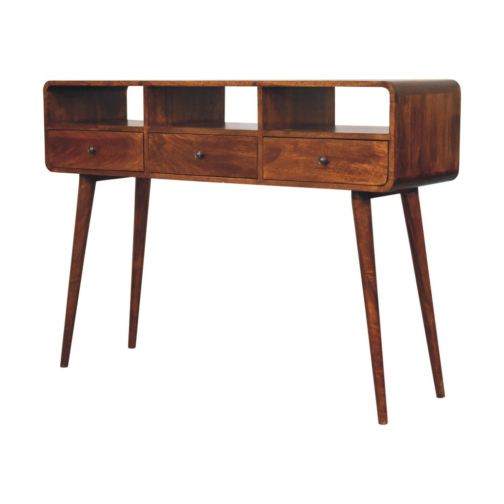 Solid Wood Triple Curved Console Table with Storage - Chestnut