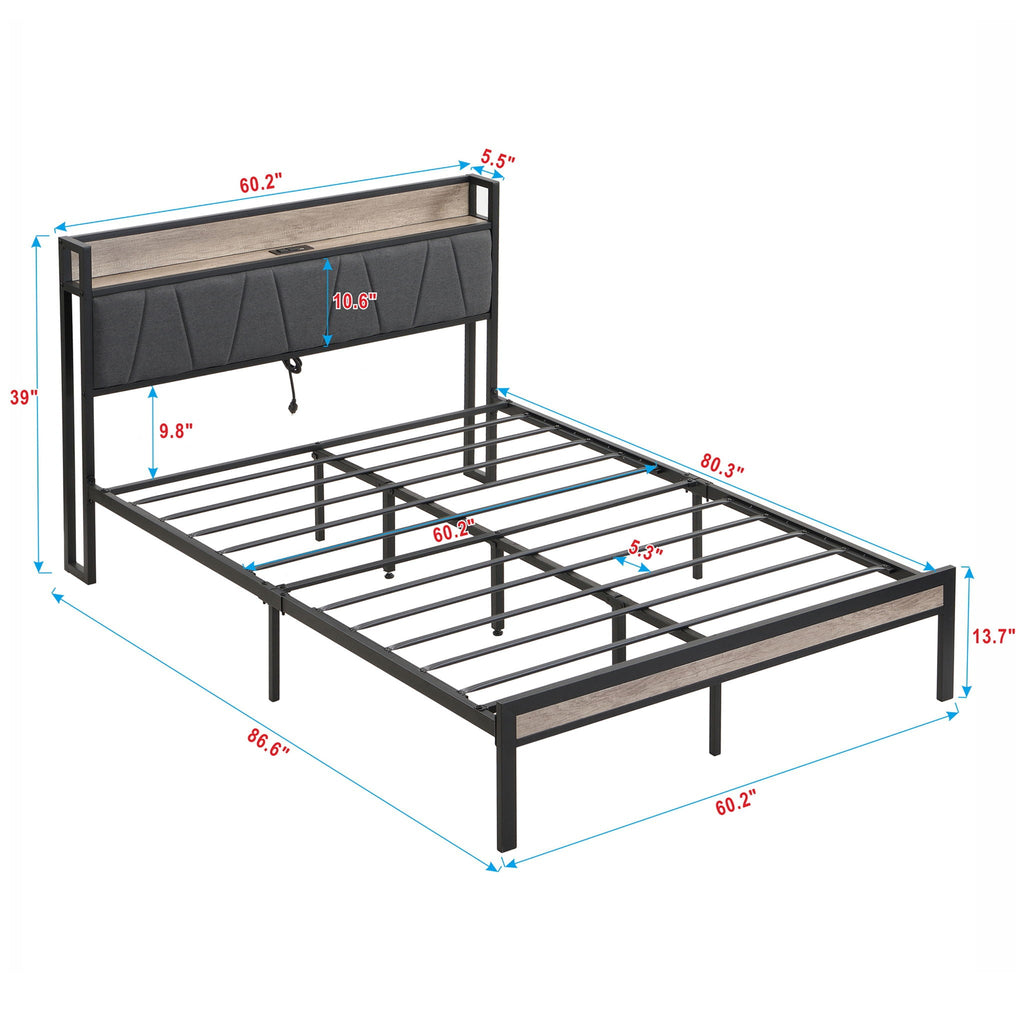 Modern Bed Frame with LED Lights and USB Charging - Light or Dark Brown