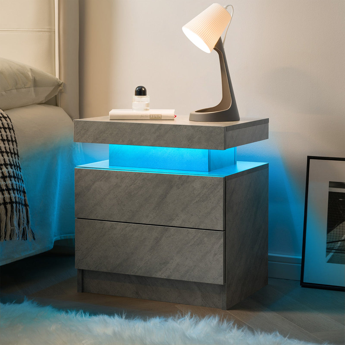 Modern LED Nightstand with 2 Drawers and Adjustable Lighting - Deep Gray