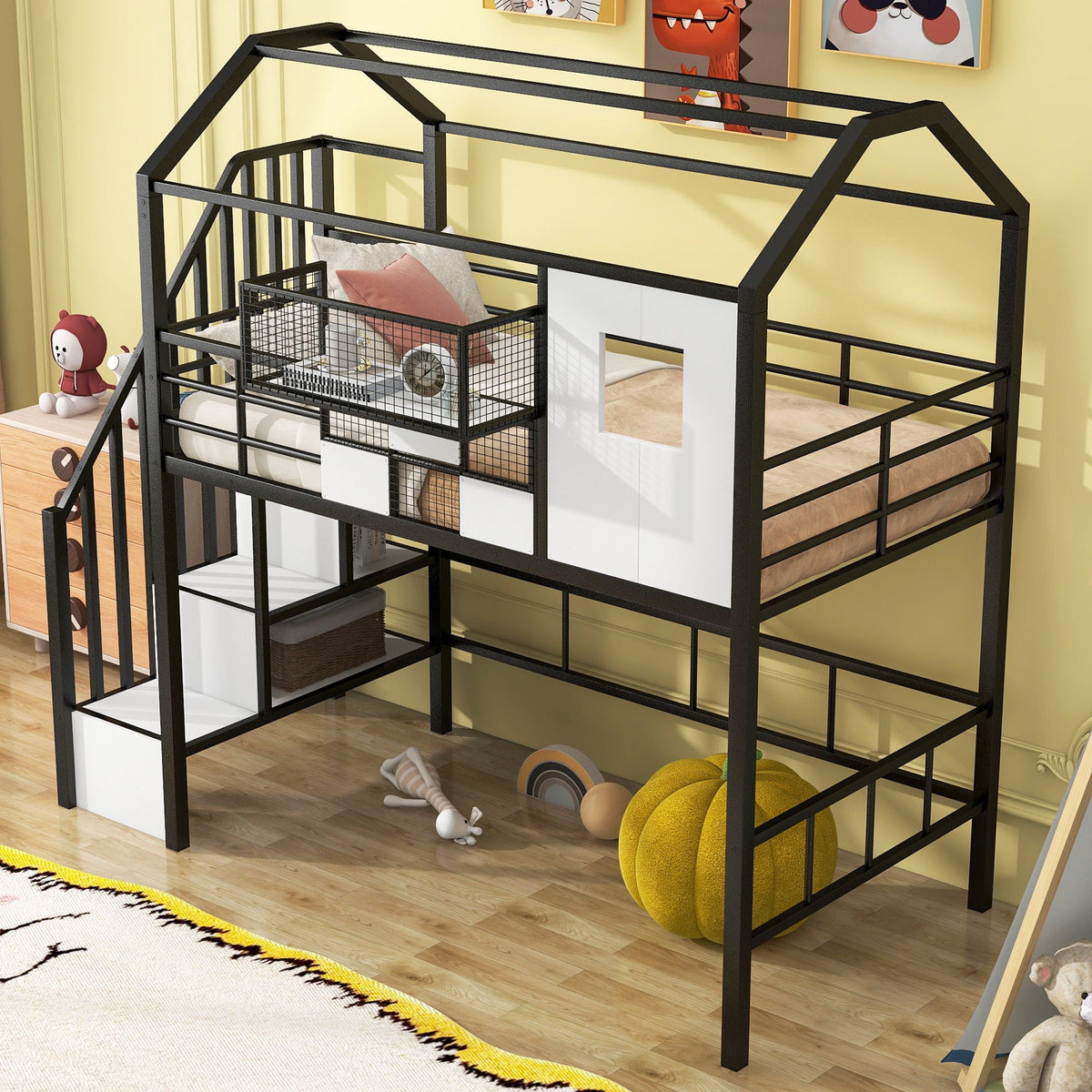 Metal Loft Bed With Roof Design and Storage Box with Guardrails and Integrated Ladder - Twin