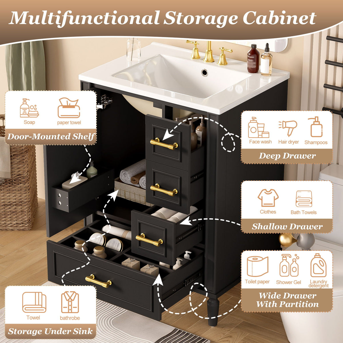 Traditional Bathroom Vanity Set with Soft Close Doors - Multiple Colors