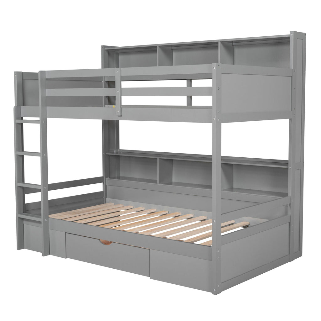 Twin Size Bunk Bed with Built-In Shelves and Storage Drawer - Dark Gray or White