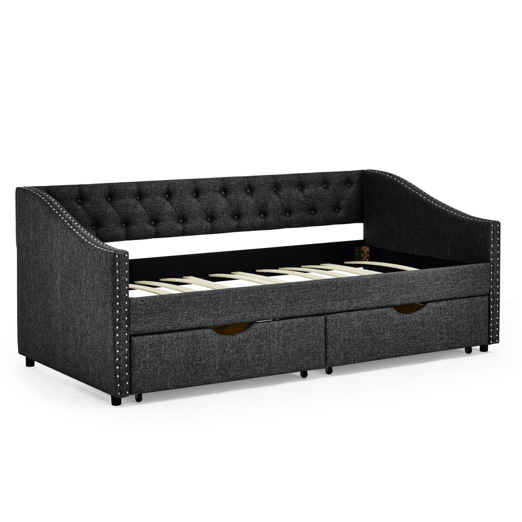 Upholstered Tufted Daybed with 2 Drawers and Waved Arms - Multiple Colors