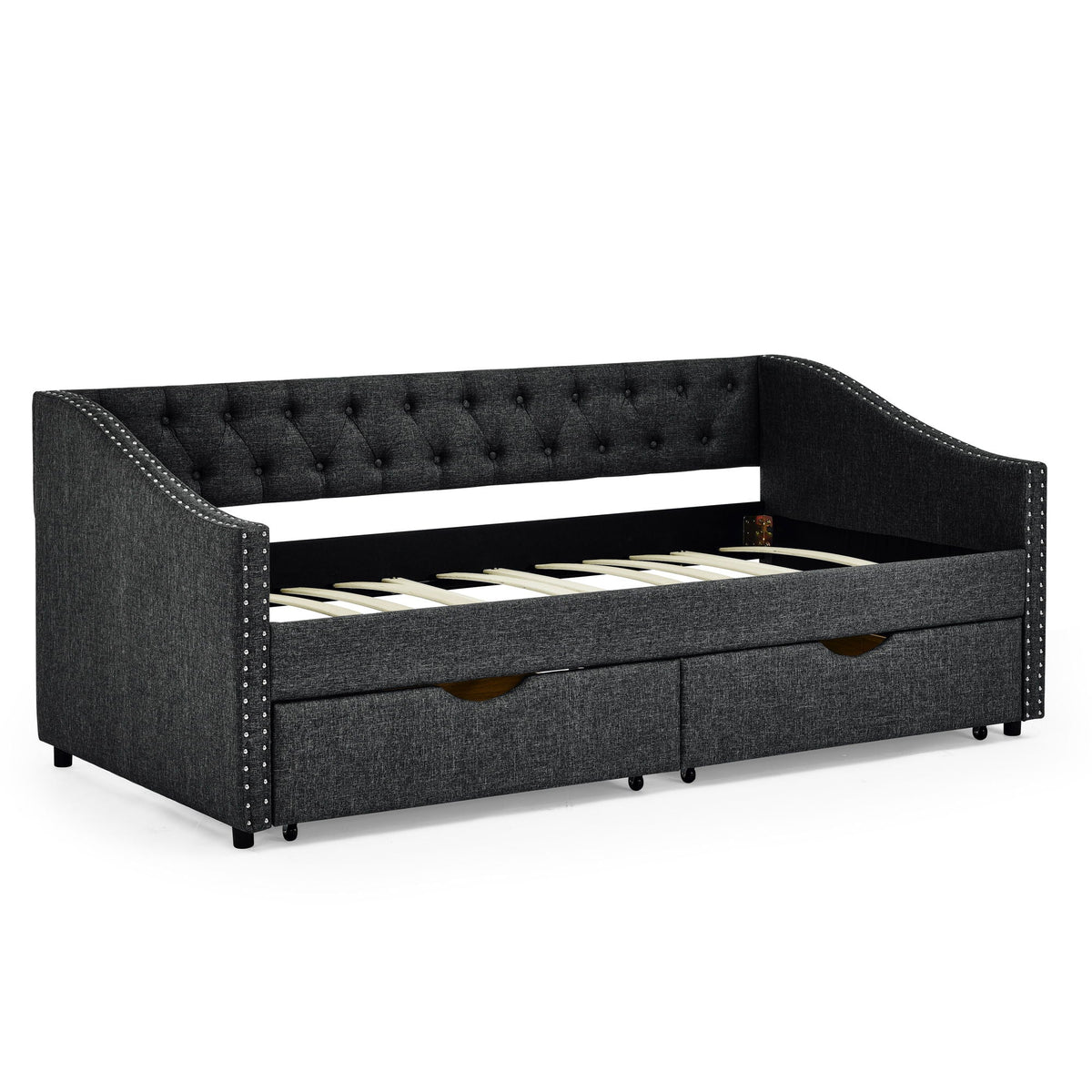 Upholstered Tufted Daybed with 2 Drawers and Waved Arms - Multiple Colors