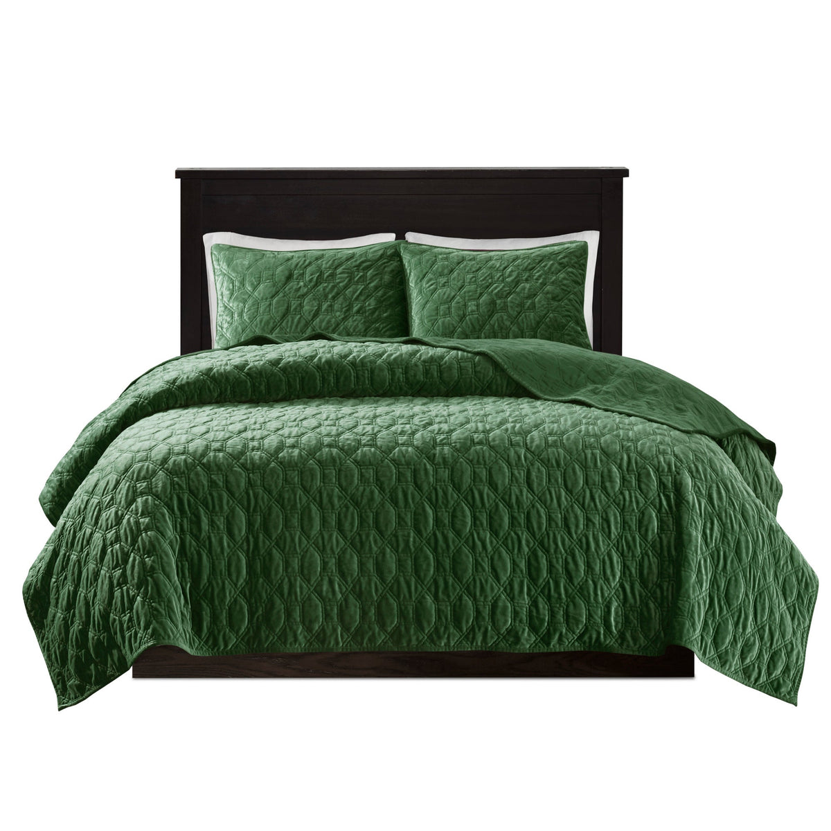 Green 3 Piece Velvet Quilt Set with Antimicrobial Finish