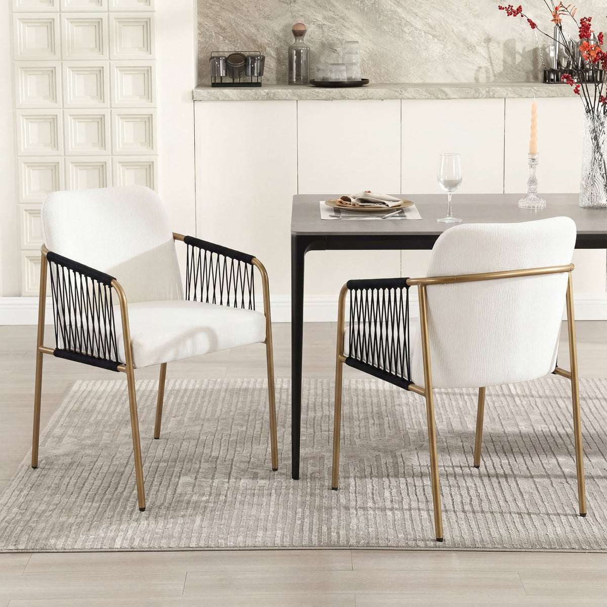 Modern Glam Upholstered Dining Chairs with Gold Frame - Beige