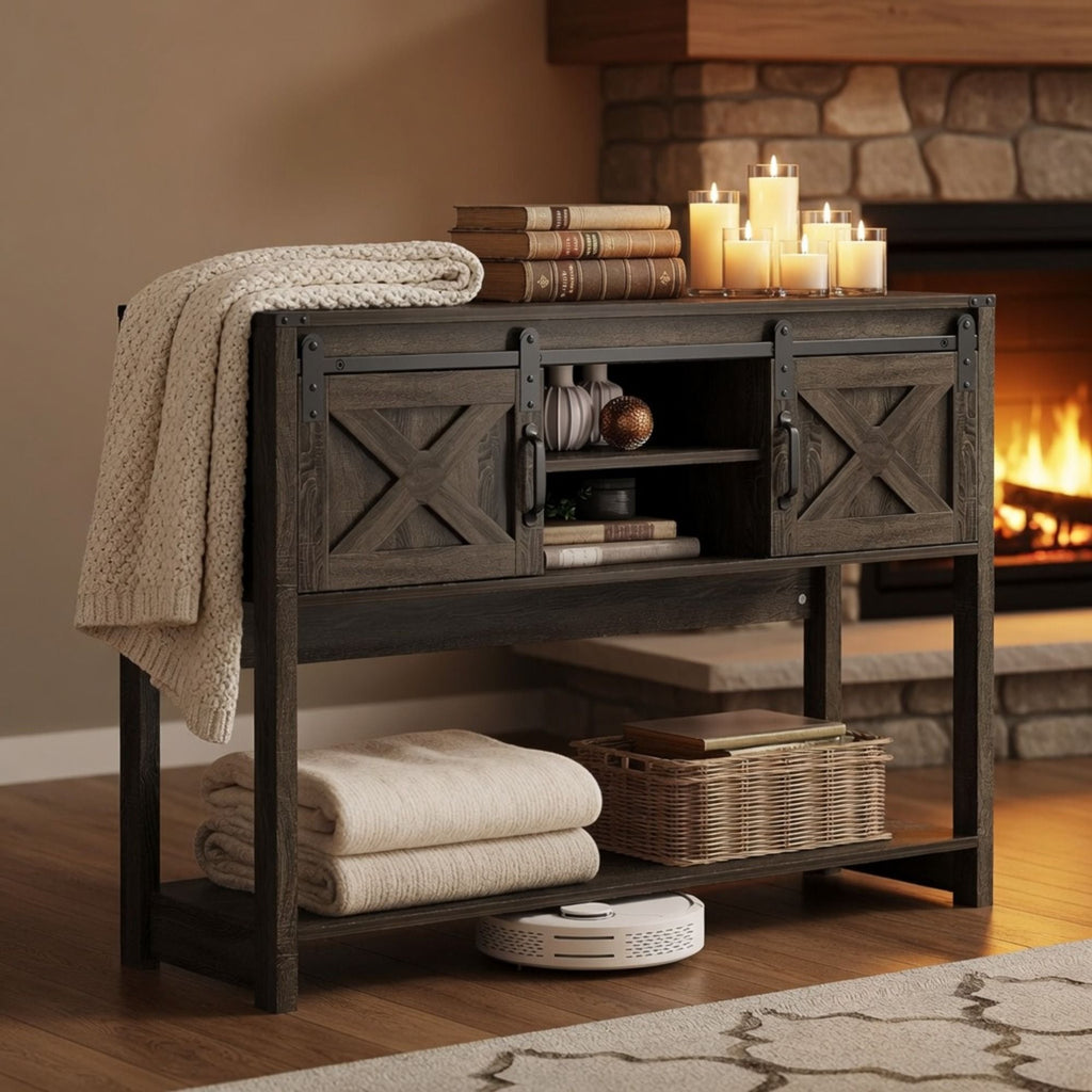 Farmhouse Entryway Table with Sliding Barn Door - Gray, Dark Gray, White, Black