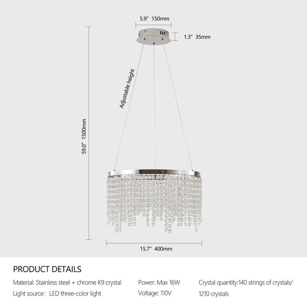 16-Inch Crystal LED Chandelier with Adjustable Height - Chrome/Transparent