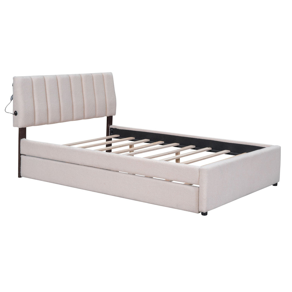 Upholstered Platform Bed With Trundle and LED Lights - Full or Queen