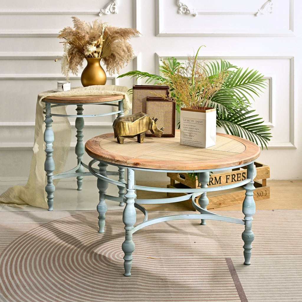 Round Top Carved Coffee Table with Metal Legs - Light Brown