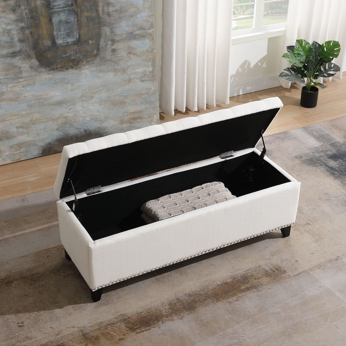 Button-Tufted Storage Ottoman with Safety Close Hinge - Light Brown or Black