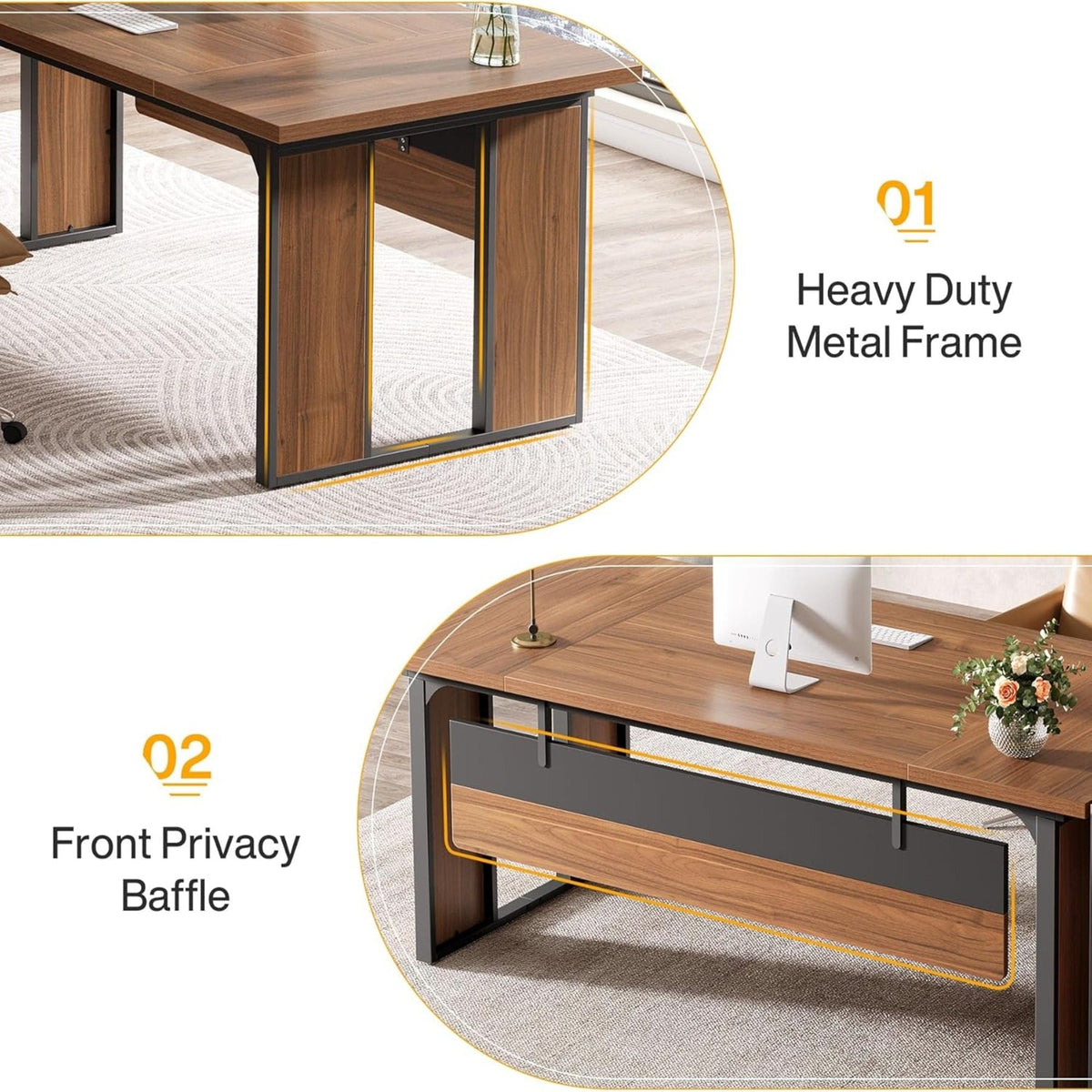L-Shaped Executive Desk with File Cabinet - Brown / Black