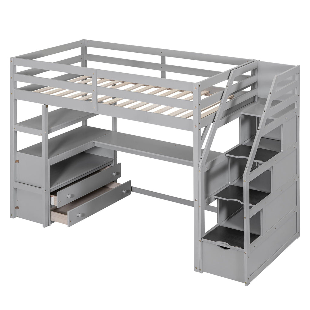 Loft Bed with Desk and Storage Staircase - Full or Twin, White or Gray