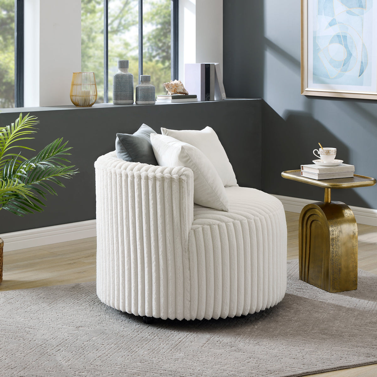 Malna Plush Wide Wale Corduroy Upholstered Barrel Accent Chair with Wheels - Off-White