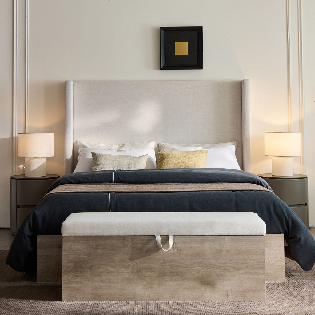 Queen Upholstered Wingback Bed with 54" High Headboard - Ivory / Light Gray / Camel Oak