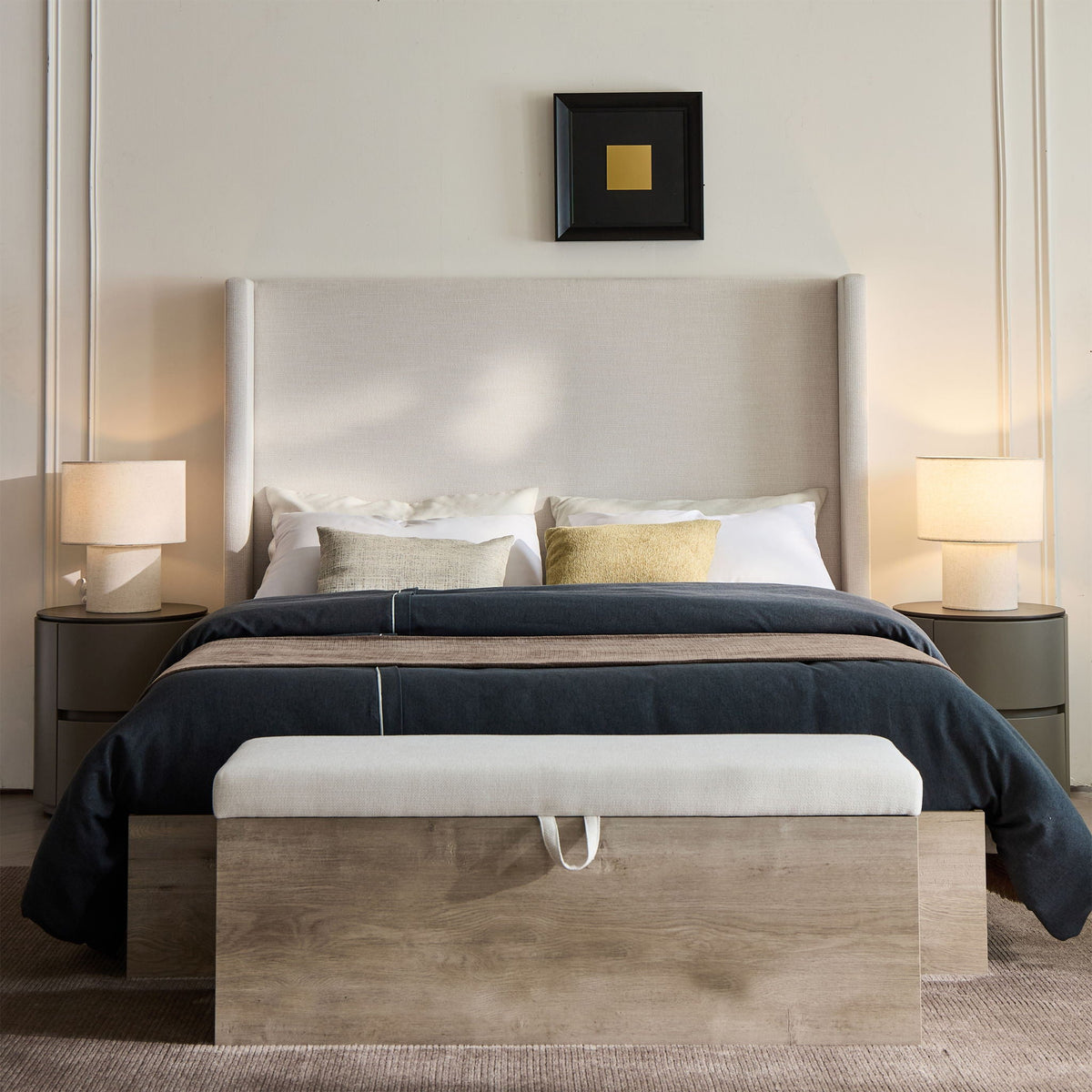 Queen Upholstered Wingback Bed with 54" High Headboard - Ivory / Light Gray / Camel Oak