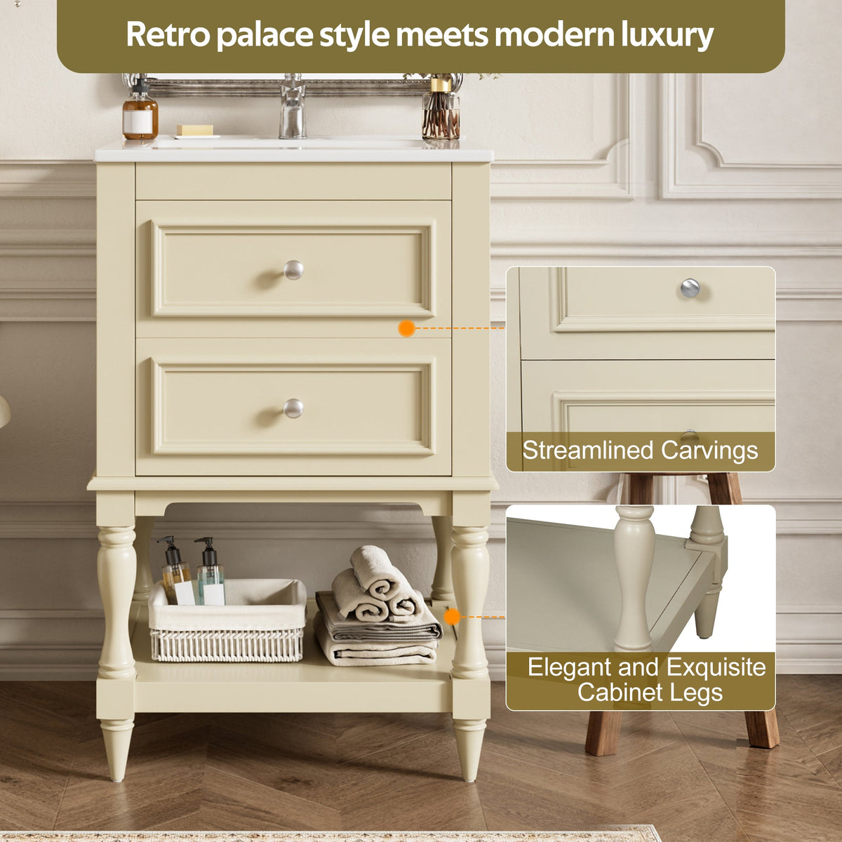 20" Bathroom Vanity with Ceramic Sink and Storage Cabinet – Beige, Black, White