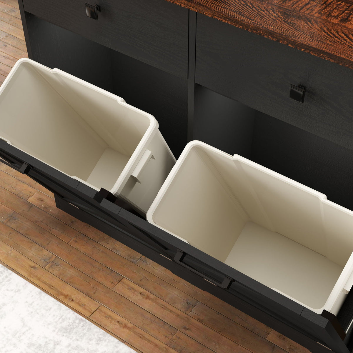 Double Tilt Out Trash Cabinet with Hideaway Drawer - Barn Door Style