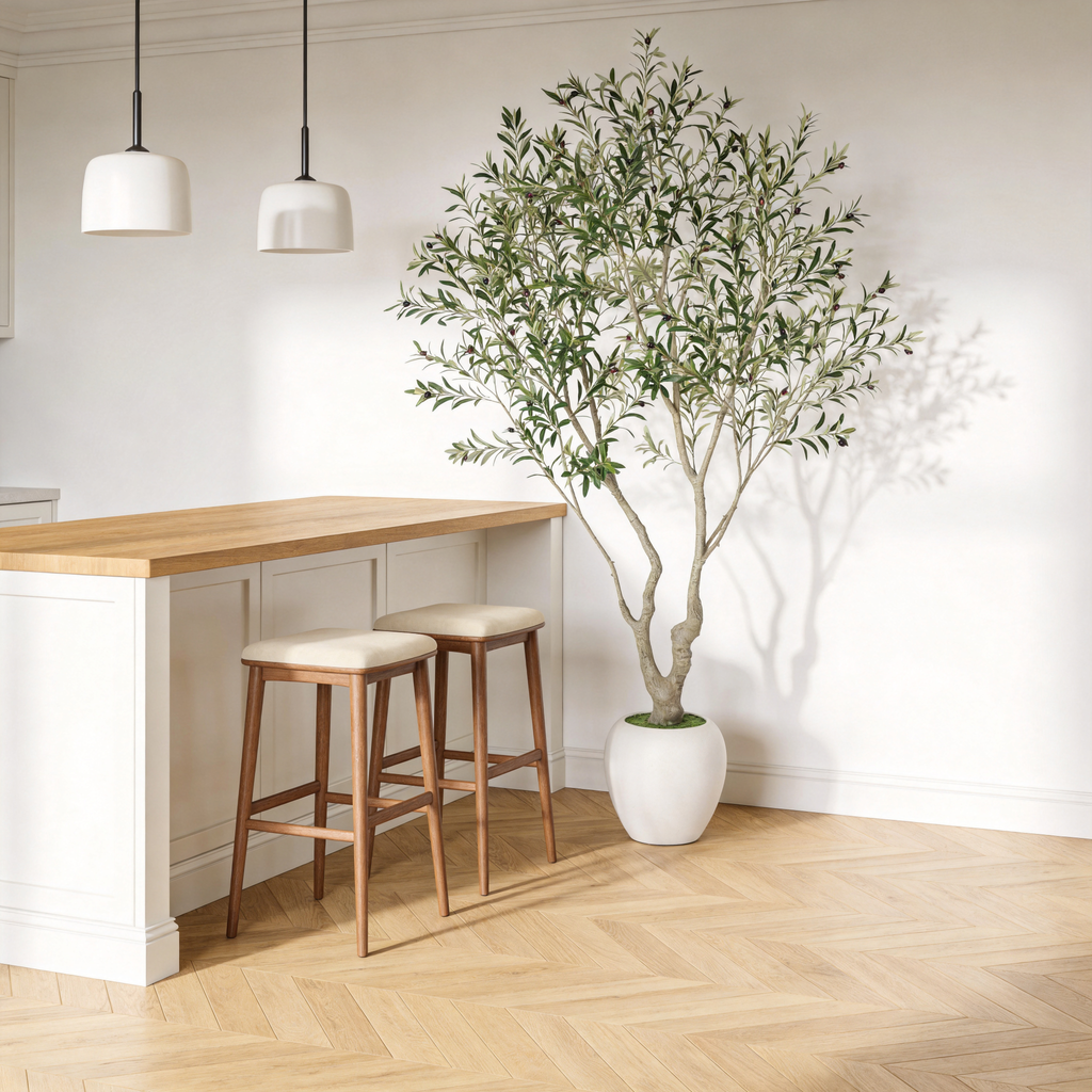 8FT Artificial Olive Tree with Decorative White Planter - Green Leaves