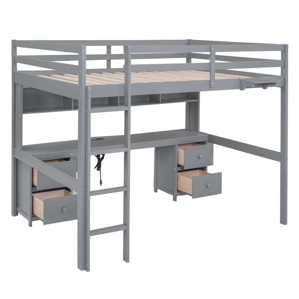 Loft Bed with Desk, Cabinets, Drawers and Charging Station - Full Size