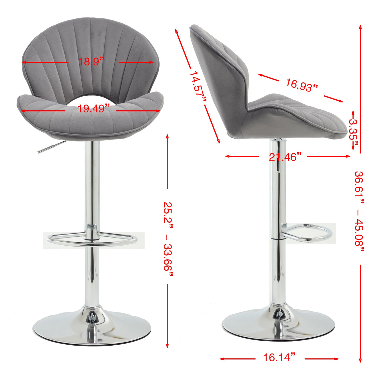 Grey Adjustable Bar Stools Set of 2 with Back and Footrest