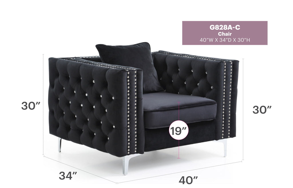 Tufted Design Arm Chair with Faux Diamond Buttons - Black or Blue