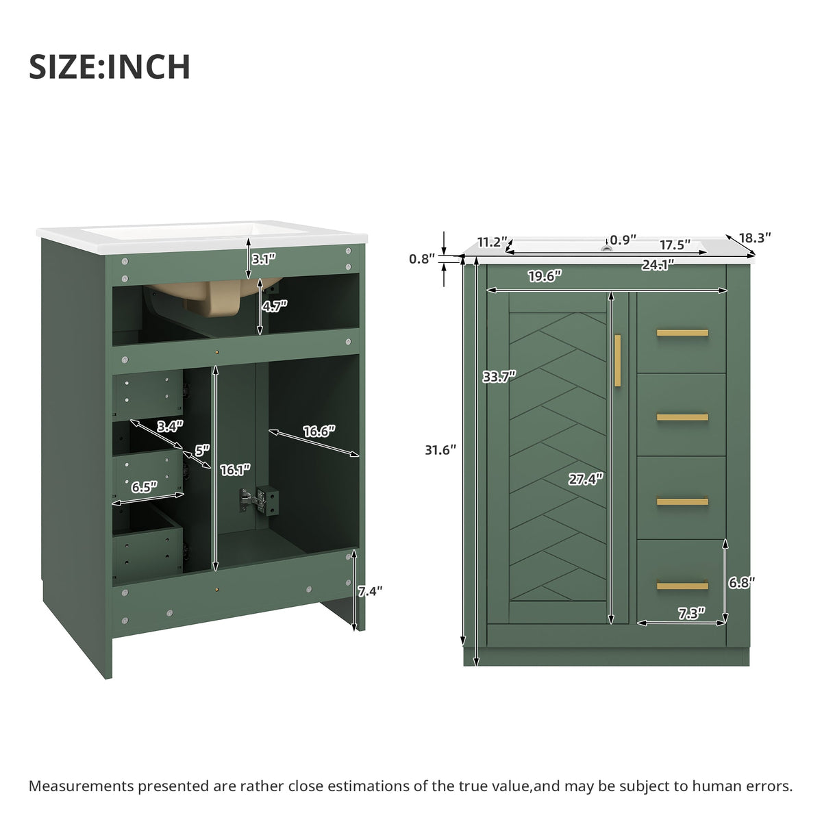 24" Bathroom Vanity with Integrated Ceramic Sink and Storage - Green
