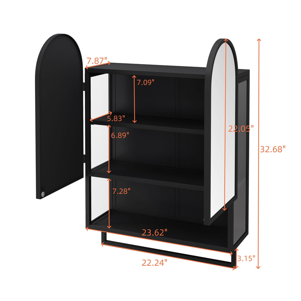 Double Arched Mirror Wall Cabinet with Adjustable Shelves and Towel Rack - Black or White