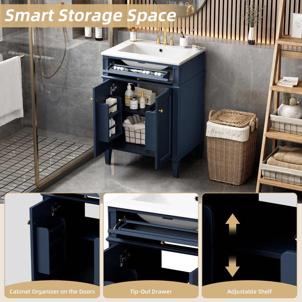 24" Bathroom Vanity with Ceramic Basin and Storage - Blue