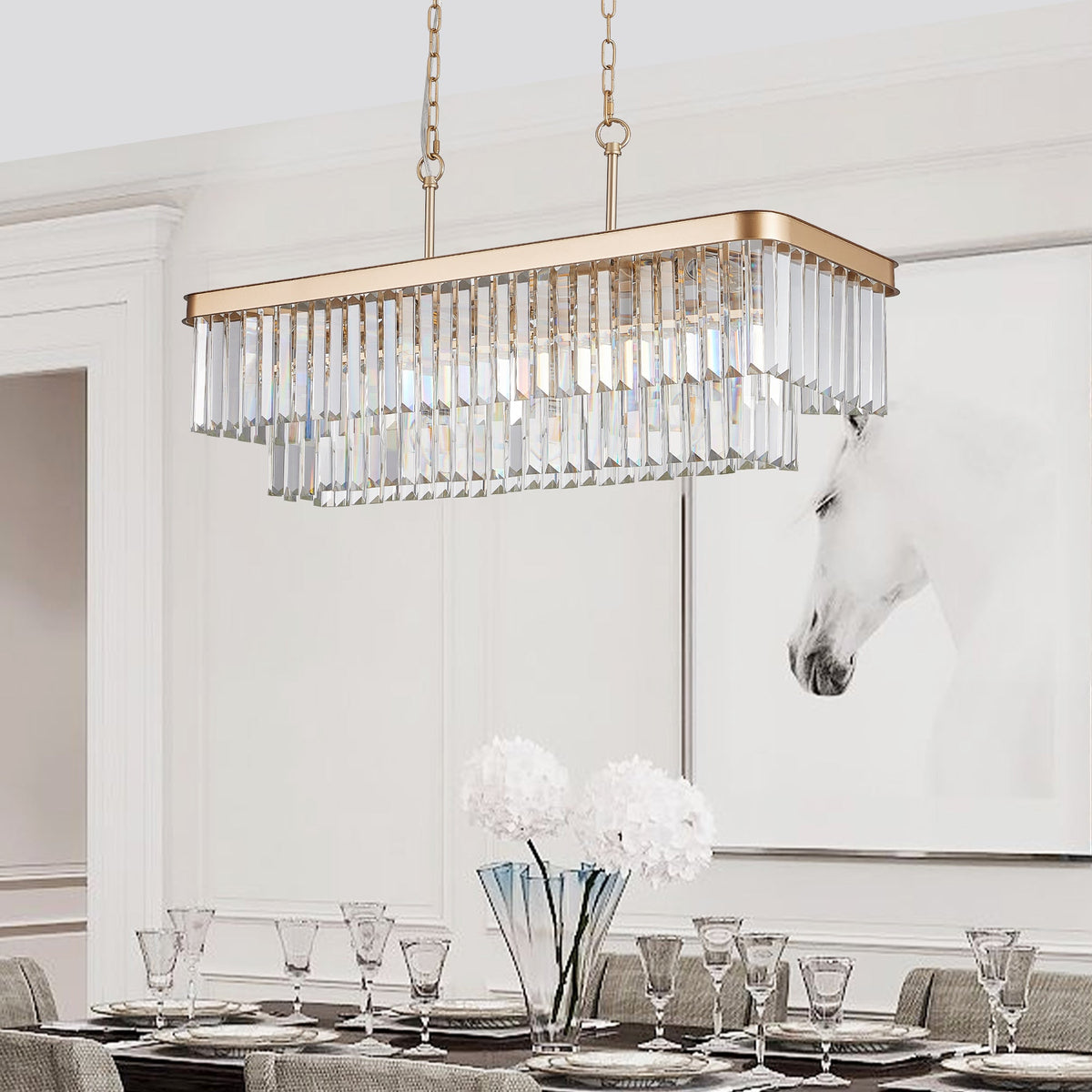 Chandeliers,Rectangular Crystal Chandelier Adjustable,E12 Modern Industrial Crystal Lights (Bulb Not Included)