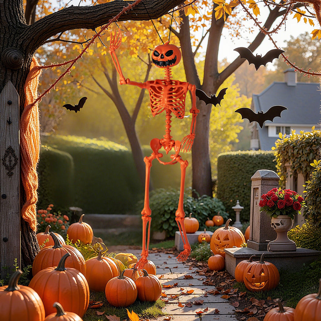 5.2 FT Orange Life-Size Poseable Halloween Skeleton with Pumpkin Head and Movable Joints