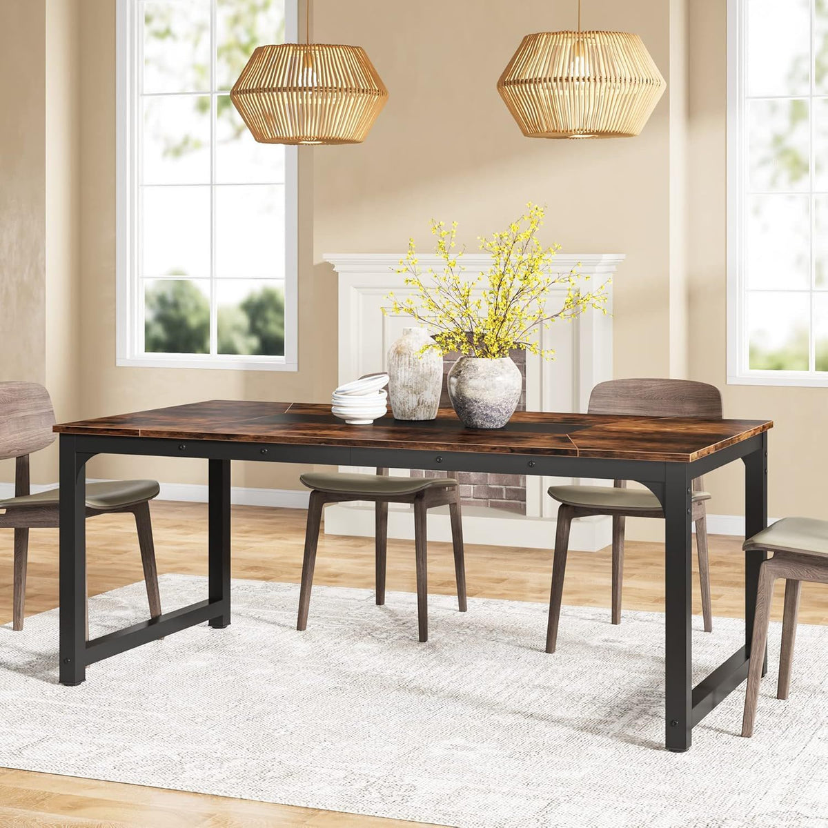 Rectangular Kitchen & Dining Room Table with Heavy-Duty Steel Frame - Brown / Black