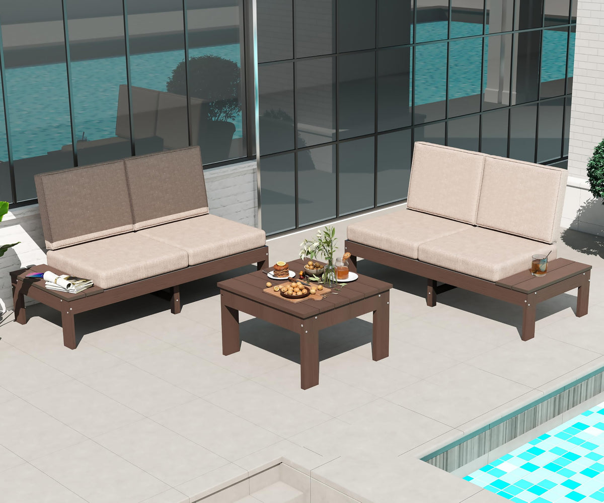 HDPE Outdoor Patio Sofa Set with Cushioned Sectional Seating - Modern 3-Piece
